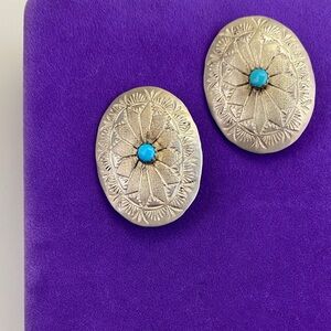 💛 Vintage Handmade Sterling Turquoise Concho Southwestern Clip-On Earrings